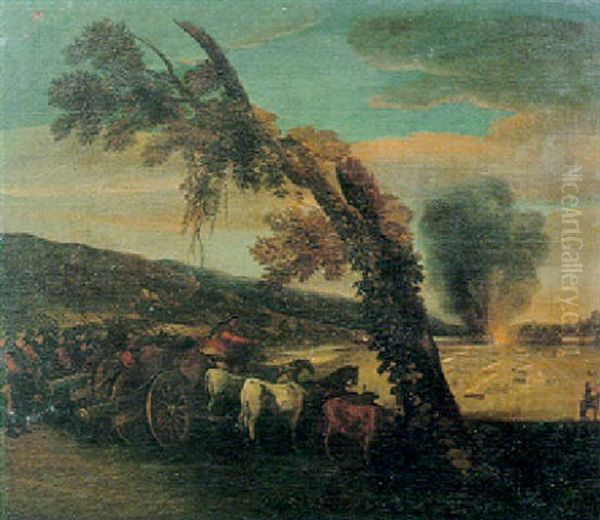 Cavalieri Ed Artiglieri Presso Una Fortificazione Assediata In Fiamme - view 1