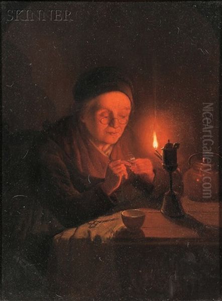 Old Woman Threading A Needle By Candlelight - view 1
