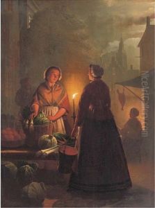 The Vegetable Market At Night by Andreas Franciscus ver Meulen