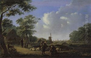 Landschaft Mit Einem Reisenden, Der Mit Einem Schafer Spricht. Im Hintergrund Die Hauser Und Turme Einer Stadt