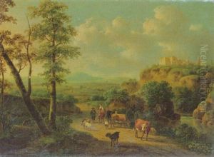 Peasants And Cattle In An Italianate Landscape by Cornelis ver Meulen