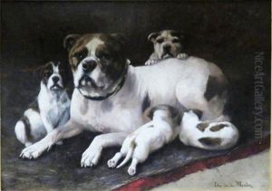 A Bulldog And Her Puppies by Edmond Van Der Meulen