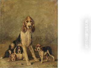 A French Hunting Hound And Puppies