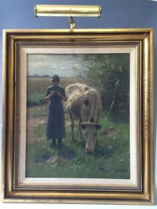 A Woman Knitting In A Field With Cow Grazing Nearby A Woman Knitting In A Field With Cow Grazing Nearby