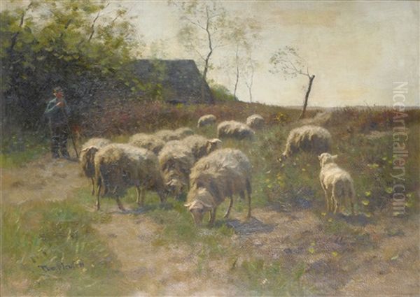 Shepherd And Sheep Beside A Barn - view 1