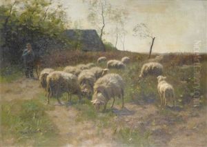 Shepherd And Sheep Beside A Barn by Francois Pieter ter Meulen