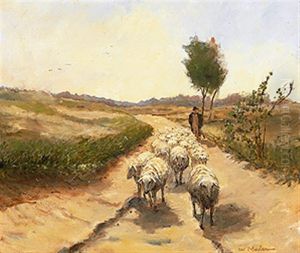 Schafer Mit Seiner Herde Auf Sandigem Weg