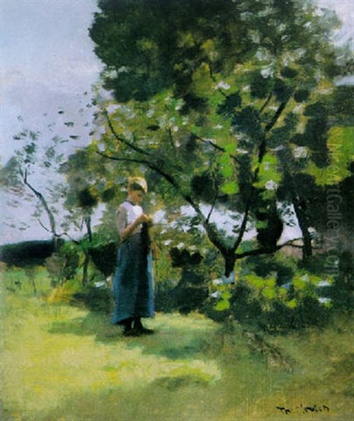 A Girl Knitting In An Orchard - view 1