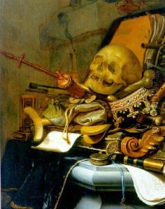 A Vanitas - A Skull On An Upturned Crown, An Hourglass, Musical Instruments And Weapons On A Partly Draped Stone Ledge by Jan (Johannes) ver Meulen