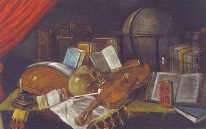 A Vanitas Still Life With Books, A Lute, A Violin, A Globe And A Skull With A Snuffed Candle On A Draped Table