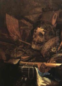 Vanitas Still Life With A Skull, Pearl Necklace And Book On A Stone Ledge