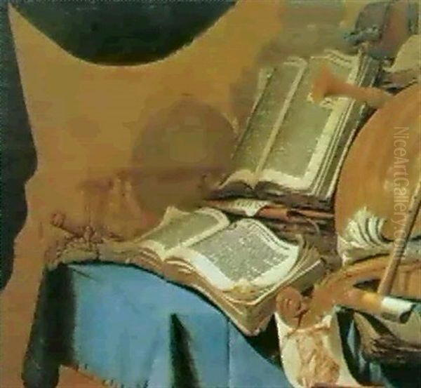 Vanitas-stilleben Mit Musikin-strumenten, Alten Folianten, Stundenglas Und Einer Rotel- Zeichnung Vor Saule Und Draper - view 1