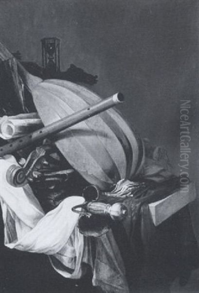 Vanitas Still Life With Instruments, Books And A Rapier On A Draped Table - view 1