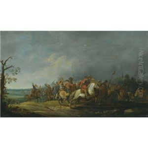 Landscape With A Cavalry Skirmish by Pieter Meulener