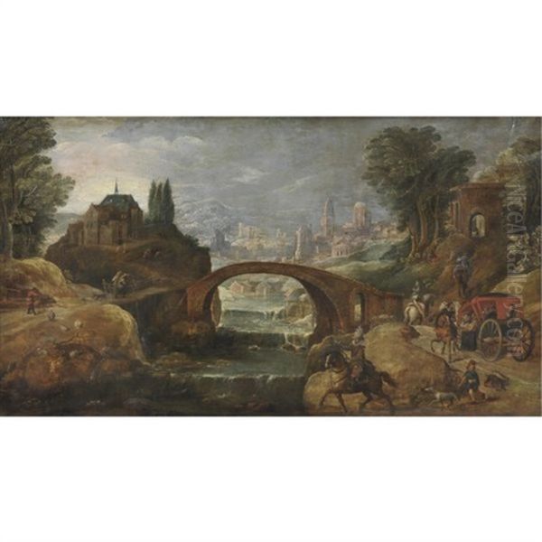 View Of The Outsksirts Of A Town With Elegant Travellers Along The Banks Of A River - view 1