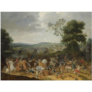 A Cavalry Battle Scene In A Hilly Landscape by Pieter Meulener