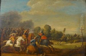 A Battle Scene With Soldiers On Horseback by Pieter Meulener