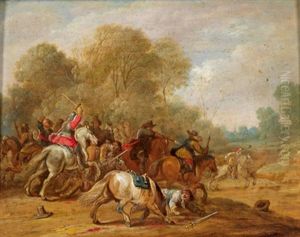 Reitergefecht In Einer Bewaldeten Landschaft by Pieter Meulener