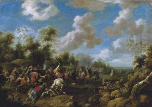 A Cavalry Skirmish In A Wooded Landscape A Cavalry Skirmish In A Wooded Landscape