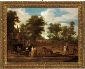 Elegante Gesellschaft Mit Einer Kutsche Im Gesprach Vor Einem Schloss In Einer Bewaldeten Landschaft
