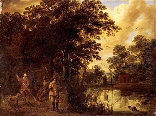 A River Landscape With Three Hunstmen With Their Dogs - view 1