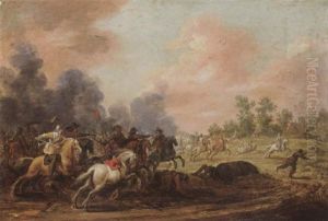 A Cavalry Battle Scene On An Open Field Near A Farm by Pieter Meulener