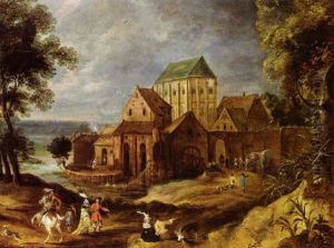 A Landscape With A Falcon Hunting Party Returning Outside The Walls Of A Town by Pieter Meulener