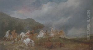 A Cavalry Engagement Upon A Hillside Overlooking A Town by Pieter Meulener