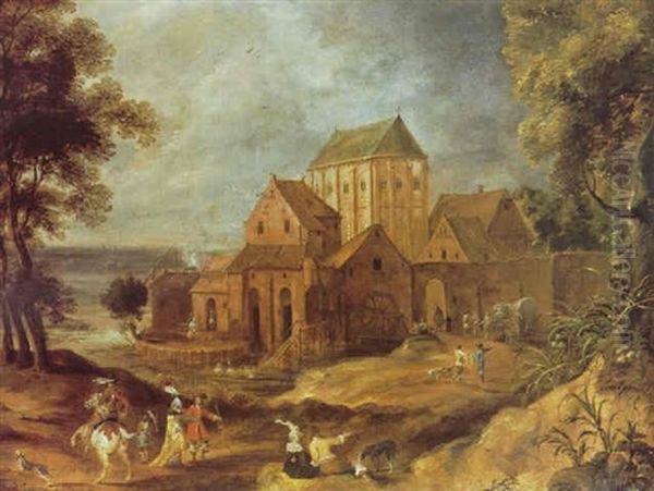 A Rider Conversing With An Elegant Couple On A Country Path Outside The Gates Of A Monastery, Others Figures In Landscape - view 1