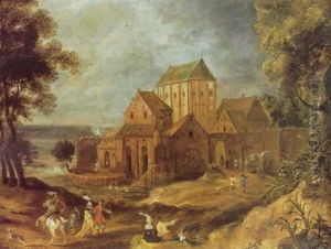 A Rider Conversing With An Elegant Couple On A Country Path Outside The Gates Of A Monastery, Others Figures In Landscape
