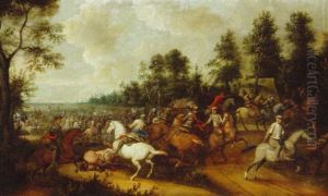 A Cavalry Engagement On A Road by Pieter Meulener