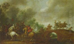 A Calvary Skirmish On The Outskirts Of A Wood By A Bridge by Pieter Meulener