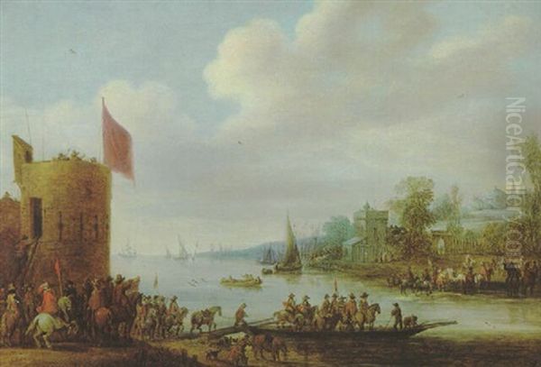Fluslandschaft Mit Einer Fahre, Einem Turm Und Vielen Figuren - view 1
