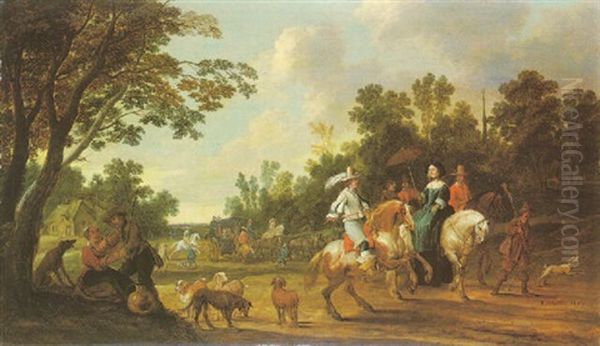 Landscape With Elegant Figures Riding, A Coach Party Beyond - view 1
