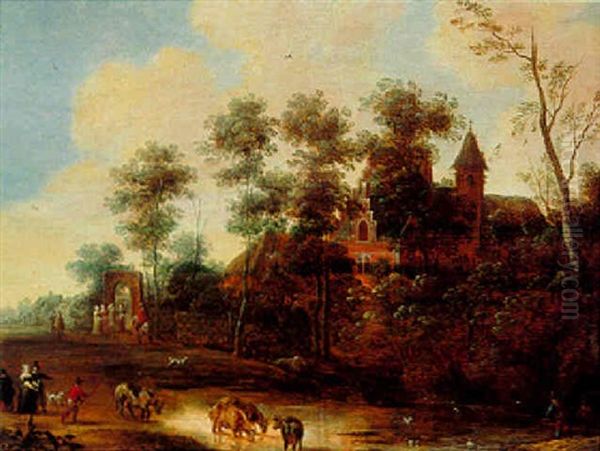 Elegant Figures, Herdsmen And Their Cattle Near A Pond - view 1