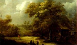 A Landscape With Peasants Playing Skittles Outside An Inn And Women Conversing On A Track