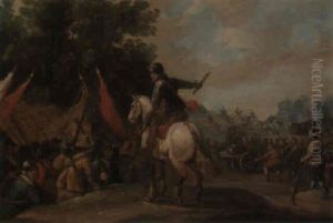 A Battle Scene With A Mounted Officer Directing His Troops Into Battle by Pieter Meulener