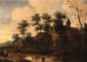 Elegant Company Near Gate Of Country Mansion by Pieter Meulener