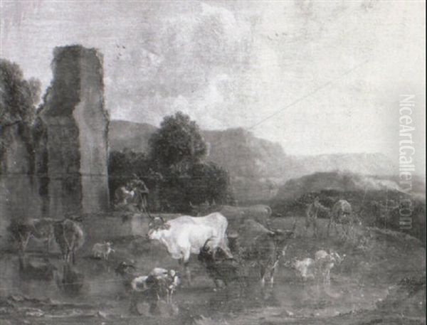 Figures And Farm Animals By Ruins In The Roman Campagna - view 1