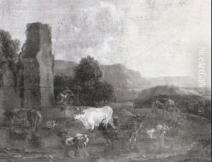 Figures And Farm Animals By Ruins In The Roman Campagna by Pieter Meulener