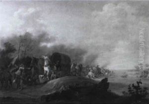 Bandits Attacking A Convoy By A River by Pieter Meulener