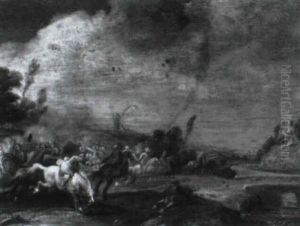 Reitergefecht In Einer Bewaldeten Flusslandschaft by Pieter Meulener