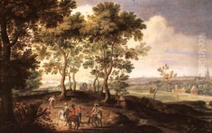 Reiter Und Reisende In Einer Bewaldeten Landschaft by Pieter Meulener