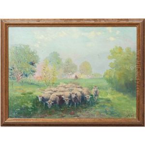 Spring Meadow Scene With Sheep by Charles Alfred Meurer