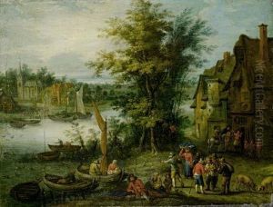 Peasants Crossing A River On Barges, Before Anopen Landscape