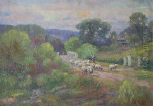 Landscape With Shepherd Tending His Flock Of Sheep by Charles Alfred Meurer