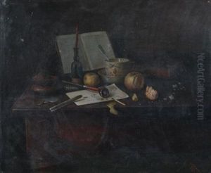 Tabletop Still Life With Pipe, Tobacco, Letter, Candles, Books And Coins by Charles Alfred Meurer
