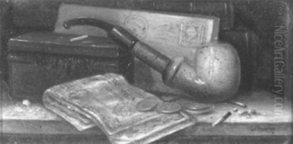 Trompe L'oeil Still Life Of Pipe And Currency - view 1