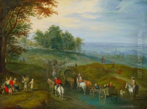 Hugelige Landschaft Mitdorfstrasse Und Reisenden Weite Landschaft Mit Reisenden Beimdurchqueren Einer Furt by Karel Beschey