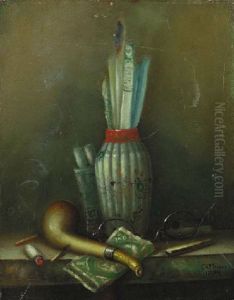 Still Life Of A Pipe, Spectacles, Pack Of Cigarettes, Matches, Dollar Bill, And Knife by Charles Alfred Meurer
